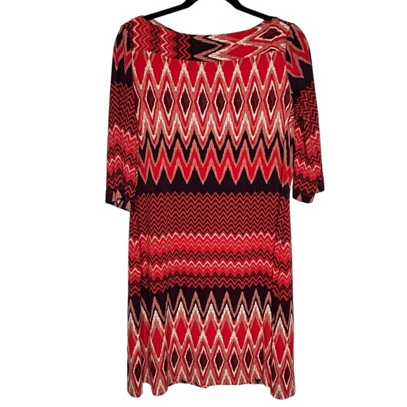 Donna Morgan Red/Blue/White Geometric Zigzag Patterned Jersey Dress Sz 14 - Picture 1 of 10